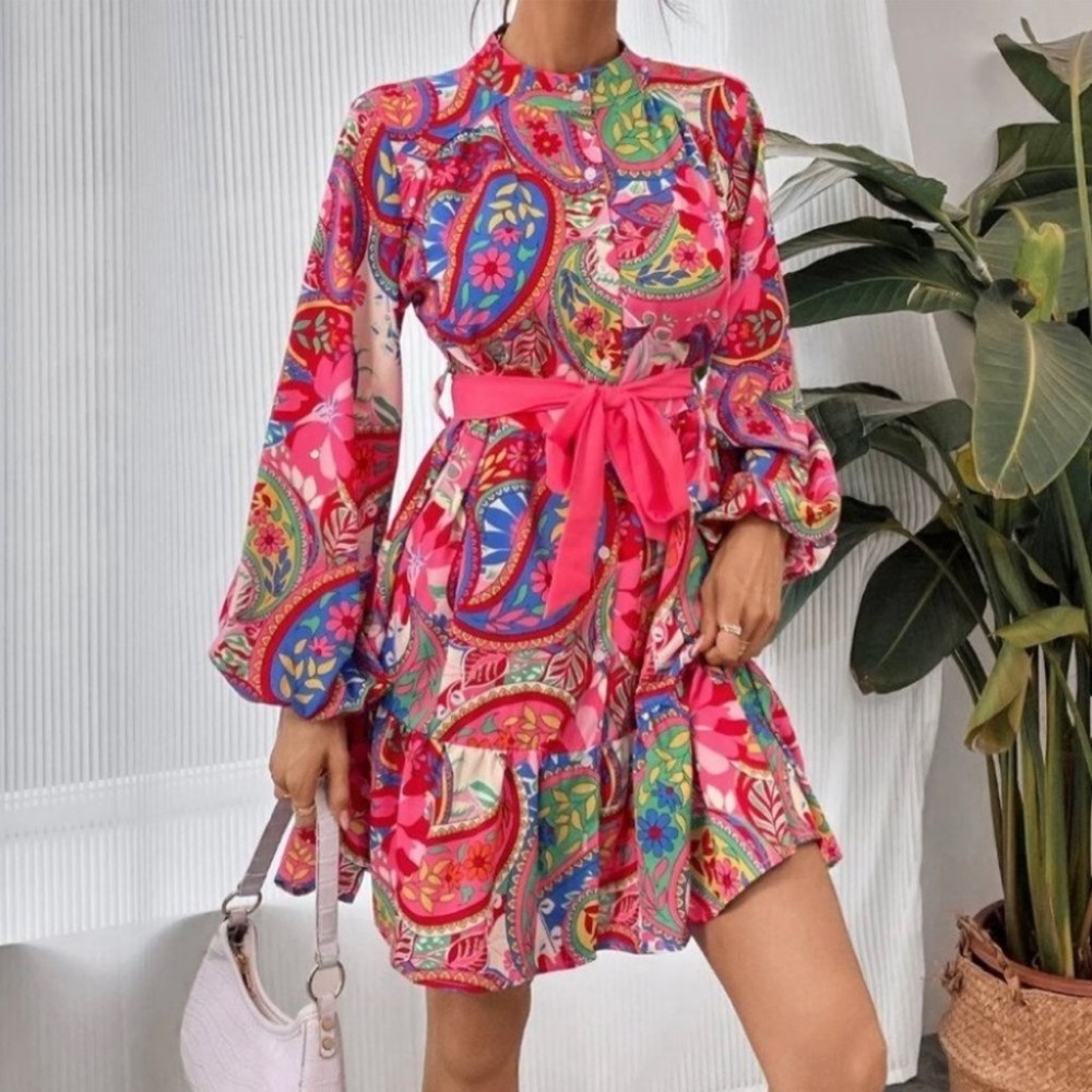 Pink Paisley Print Lantern Sleeve Ruffle Hem Belted mini Dress